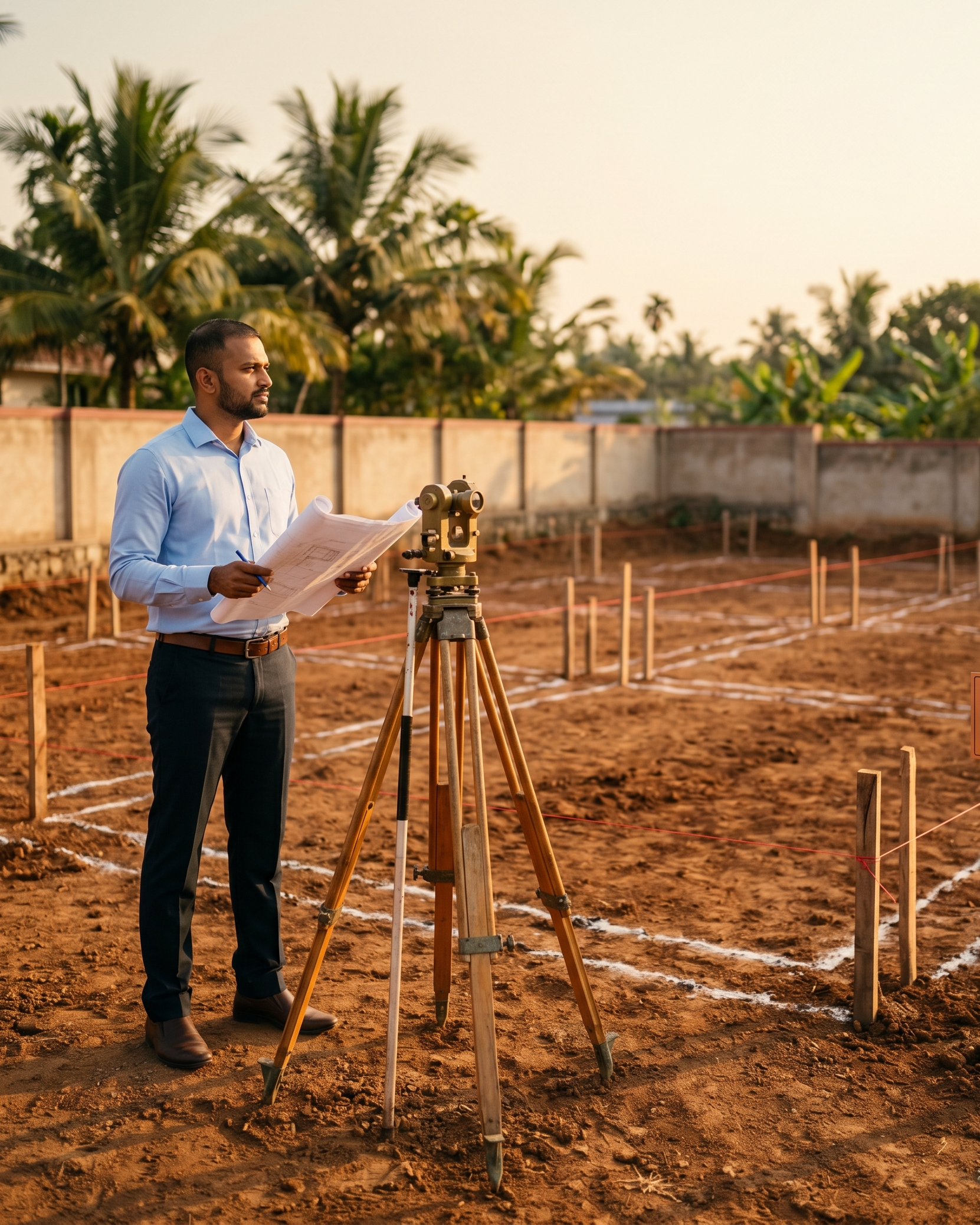 Civil engineer on a freshly cleared and marked-out South Indian plot with a brass theodolite, golden hour