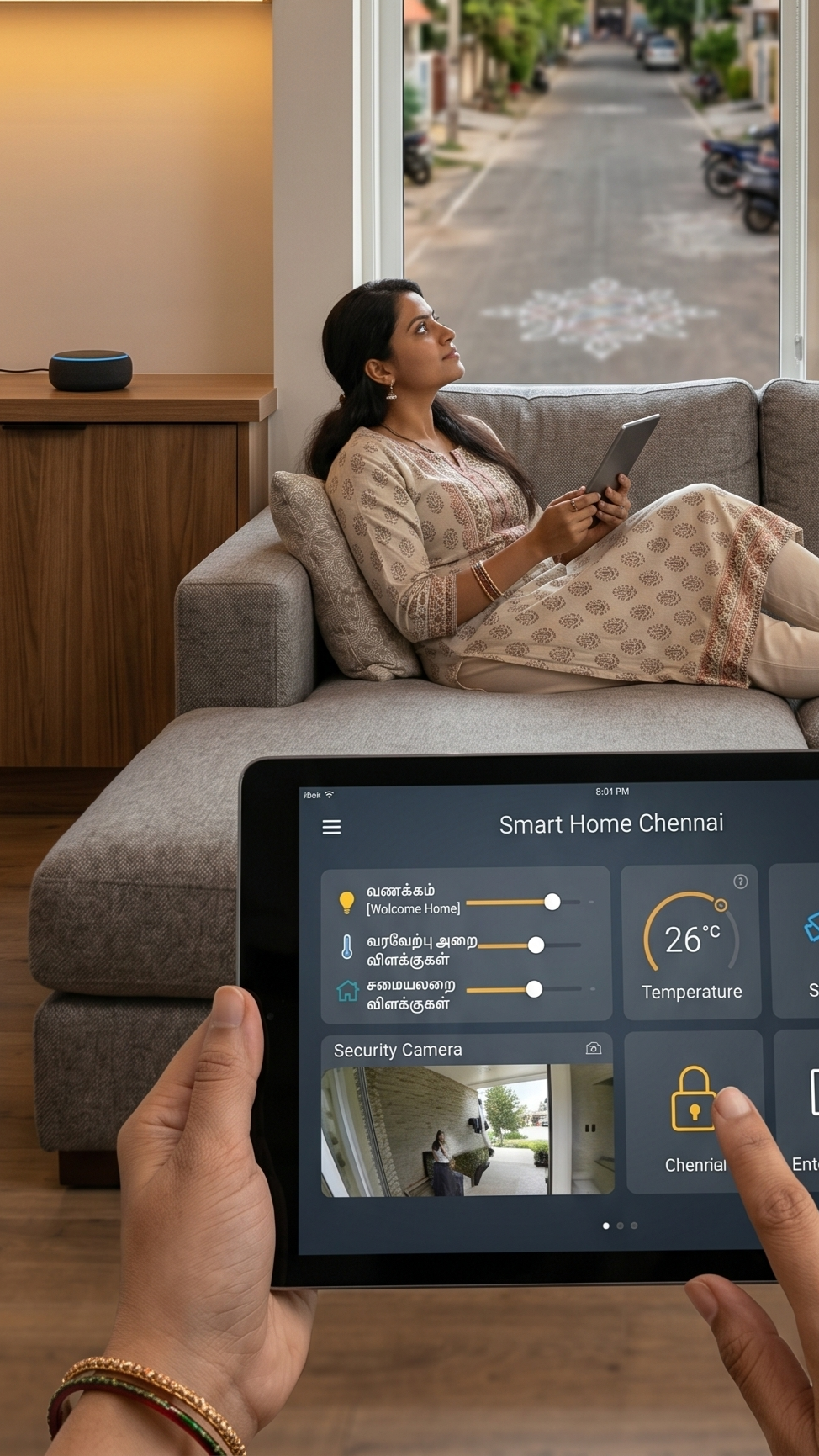 Homeowner relaxing on a sofa as a tablet shows a Smart Home Chennai dashboard with live CCTV, climate and lighting controls
